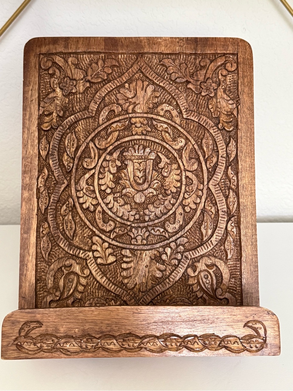 Hand-Carved Wooden Tablet Stand - Brown